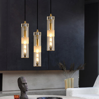 Modern Luxury Cylindrical All-Copper Glass 1-Light Pendant Light For Bedroom