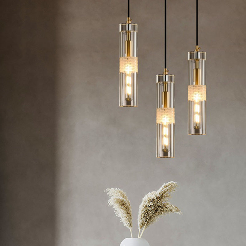 Modern Luxury Cylindrical All-Copper Glass 1-Light Pendant Light For Bedroom