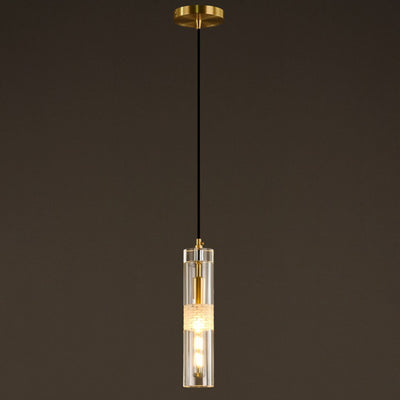 Modern Luxury Cylindrical All-Copper Glass 1-Light Pendant Light For Bedroom