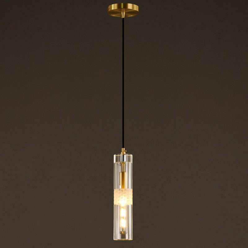 Modern Luxury Cylindrical All-Copper Glass 1-Light Pendant Light For Bedroom
