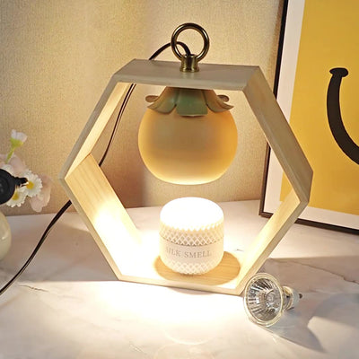 Contemporary Creative Hexagonal Wooden Frame Persimmon-Shaped Lampshade Iron 1-Light Aroma Melt Wax Table Lamp For Bedroom