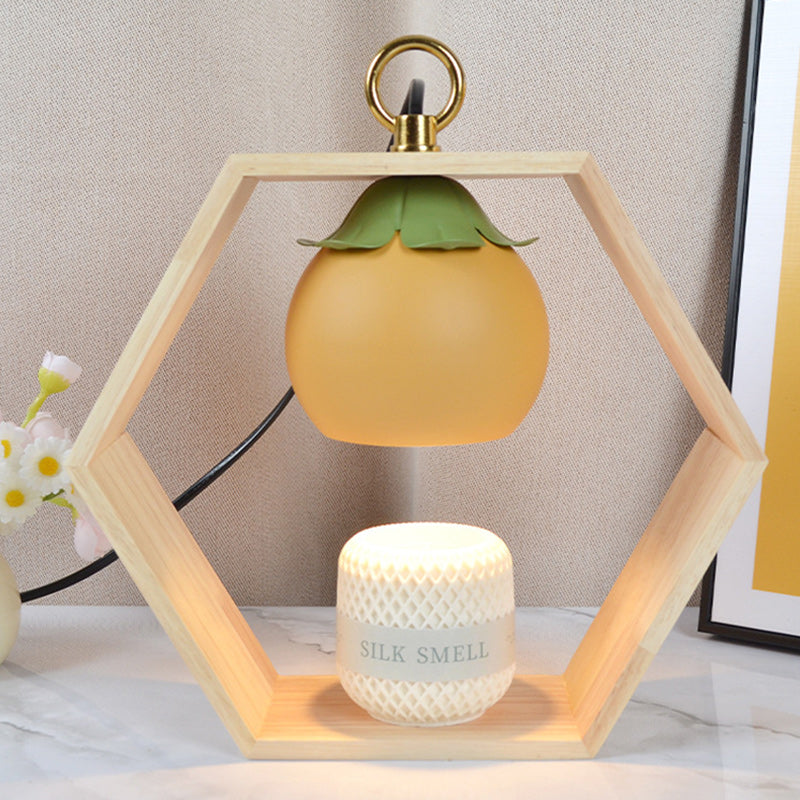 Contemporary Creative Hexagonal Wooden Frame Persimmon-Shaped Lampshade Iron 1-Light Aroma Melt Wax Table Lamp For Bedroom