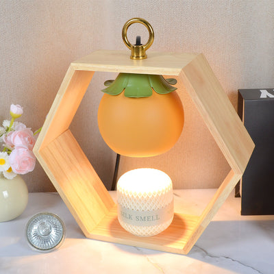 Contemporary Creative Hexagonal Wooden Frame Persimmon-Shaped Lampshade Iron 1-Light Aroma Melt Wax Table Lamp For Bedroom