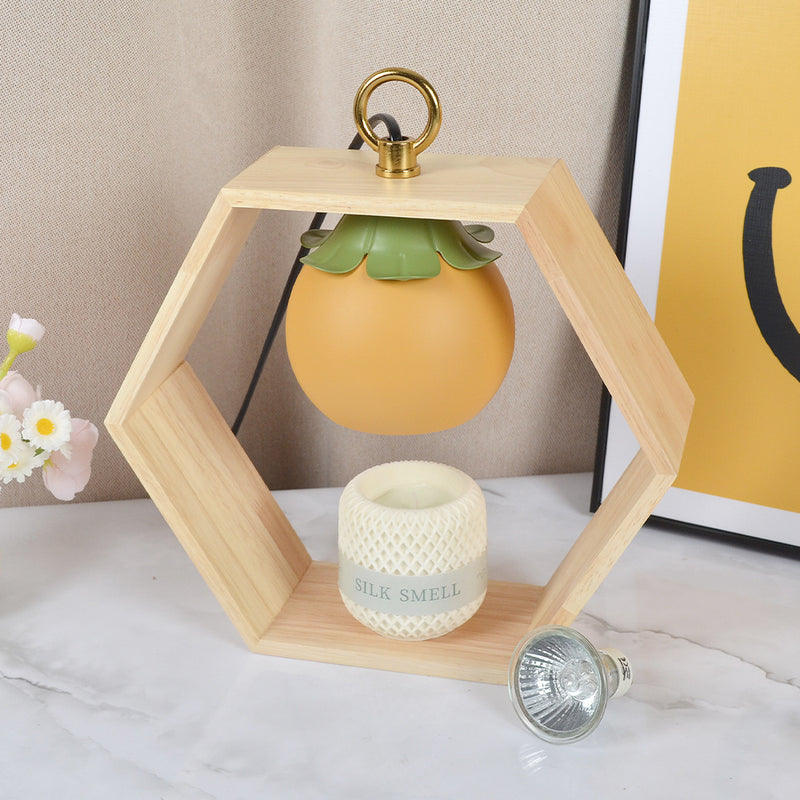 Contemporary Creative Hexagonal Wooden Frame Persimmon-Shaped Lampshade Iron 1-Light Aroma Melt Wax Table Lamp For Bedroom
