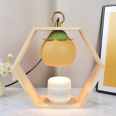 Contemporary Creative Hexagonal Wooden Frame Persimmon-Shaped Lampshade Iron 1-Light Aroma Melt Wax Table Lamp For Bedroom