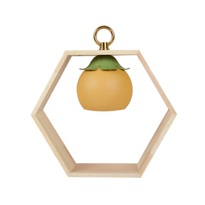 Contemporary Creative Hexagonal Wooden Frame Persimmon-Shaped Lampshade Iron 1-Light Aroma Melt Wax Table Lamp For Bedroom