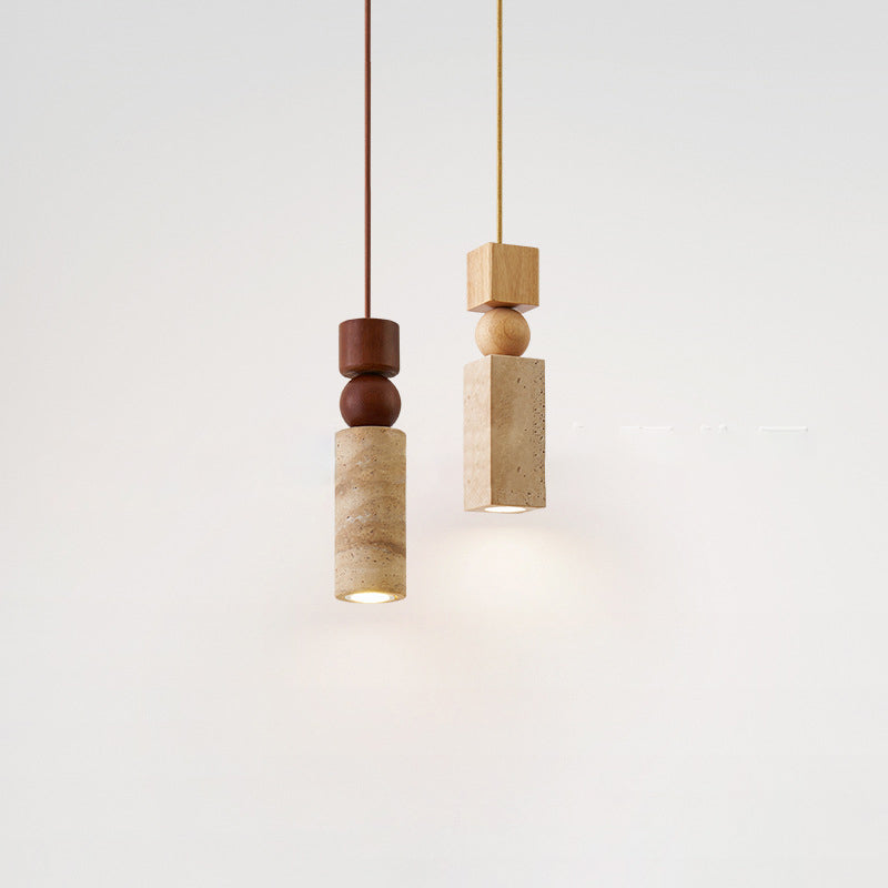 Contemporary Creative Linear Wooden Yellow Travertine 1-Light Pendant Light For Living Room