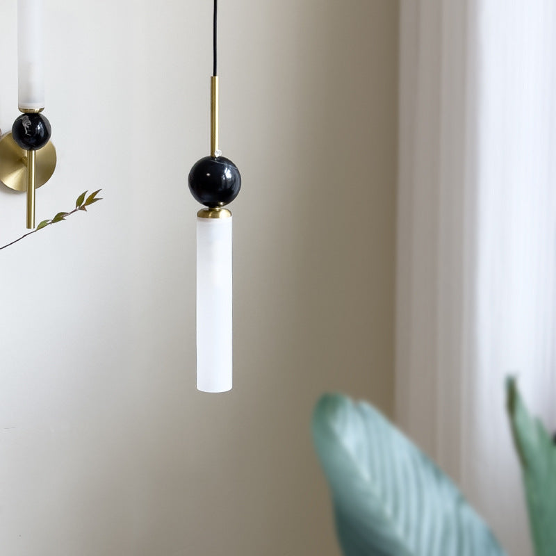Modern Minimalist Linear Cylindrical Spherical Marble Copper Acrylic 1-Light Pendant Light For Bedroom