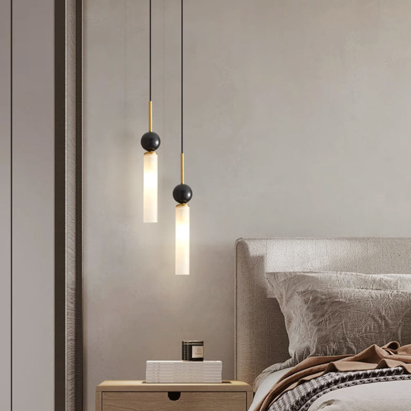 Modern Minimalist Linear Cylindrical Spherical Marble Copper Acrylic 1-Light Pendant Light For Bedroom