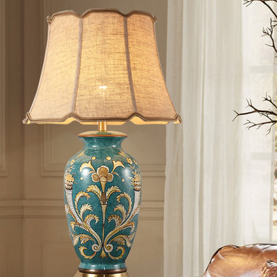 Traditional Chinese Hand-Painted Ceramic Base Copper Fabric 1-Light Table Lamp For Living Room