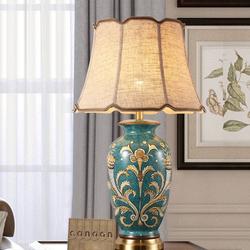 Base de cerámica pintada a mano tradicional china con tela de cobre, lámpara de mesa de 1 luz para sala de estar 