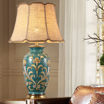 Traditional Chinese Hand-Painted Ceramic Base Copper Fabric 1-Light Table Lamp For Living Room