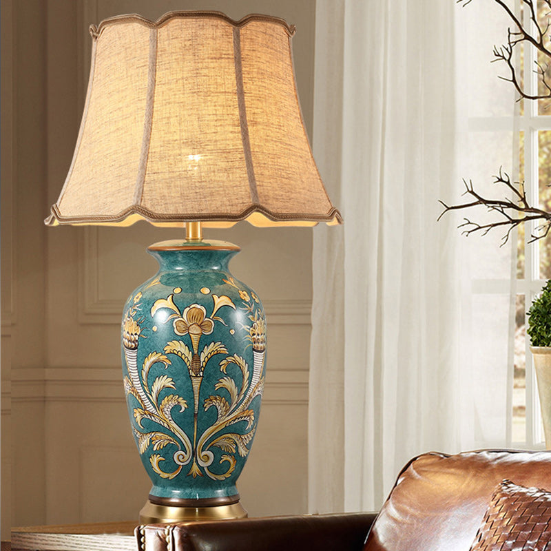 Traditional Chinese Hand-Painted Ceramic Base Copper Fabric 1-Light Table Lamp For Living Room