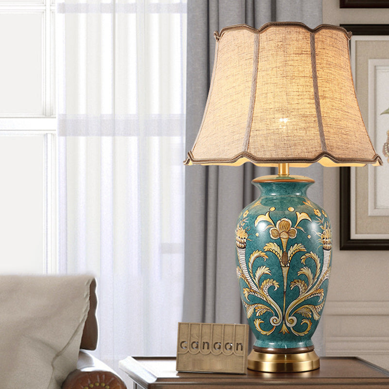 Traditional Chinese Hand-Painted Ceramic Base Copper Fabric 1-Light Table Lamp For Living Room