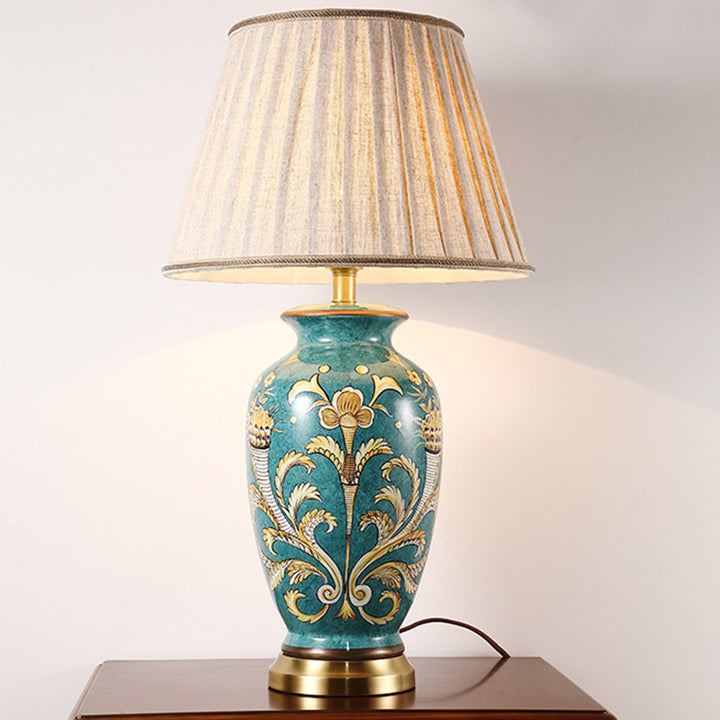 Base de cerámica pintada a mano tradicional china con tela de cobre, lámpara de mesa de 1 luz para sala de estar 