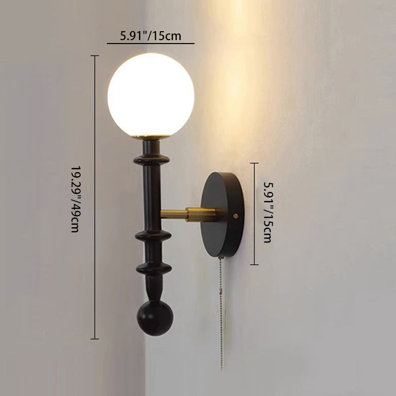 Traditional Vintage Spindle-Shaped Globe Shade Glass White Ash Wooden 1-Light Wall Sconce Lamp For Bedroom