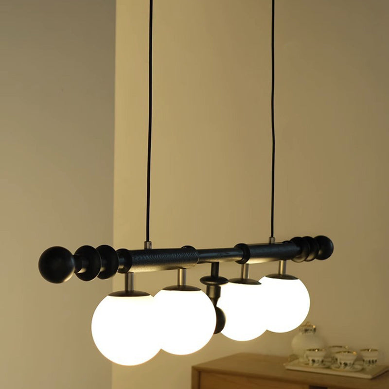 Traditional Vintage Rectangular White Ash Wood Glass 4-Light Island Light Chandelier For Kitchen