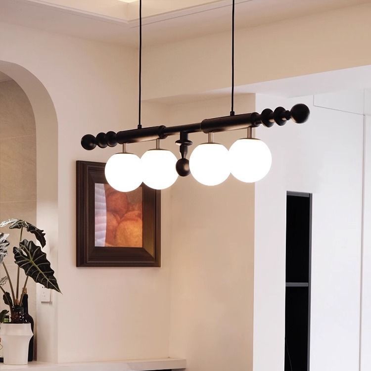 Traditional Vintage Rectangular White Ash Wood Glass 4-Light Island Light Chandelier For Kitchen