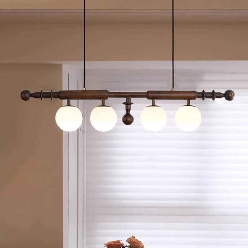 Traditional Vintage Rectangular White Ash Wood Glass 4-Light Island Light Chandelier For Kitchen