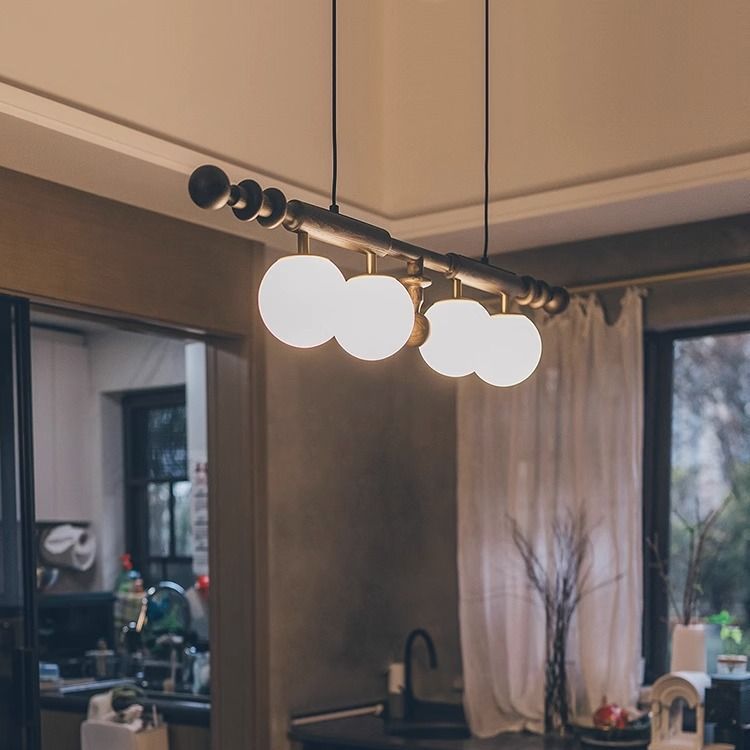 Traditional Vintage Rectangular White Ash Wood Glass 4-Light Island Light Chandelier For Kitchen