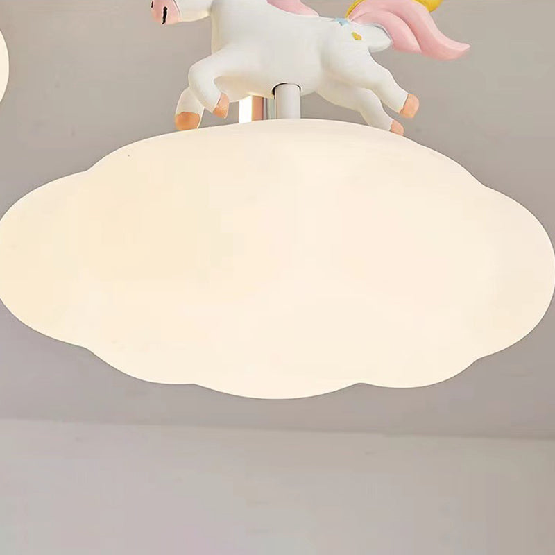 Contemporary Creative Unicorn Cloud Resin Acrylic Iron LED Semi-Flush Mount Ceiling Light For Bedroom