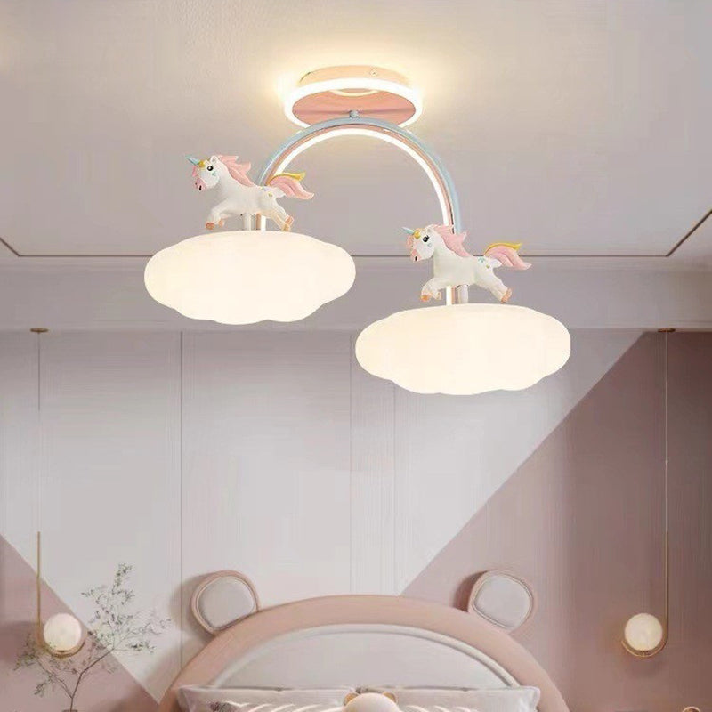 Contemporary Creative Unicorn Cloud Resin Acrylic Iron LED Semi-Flush Mount Ceiling Light For Bedroom