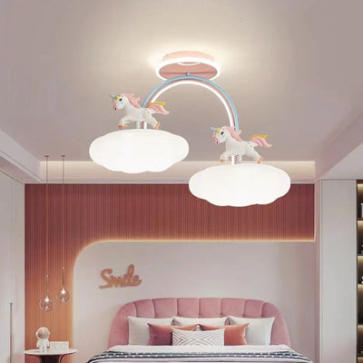 Contemporary Creative Unicorn Cloud Resin Acrylic Iron LED Semi-Flush Mount Ceiling Light For Bedroom