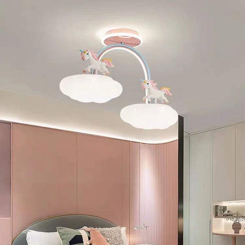 Contemporary Creative Unicorn Cloud Resin Acrylic Iron LED Semi-Flush Mount Ceiling Light For Bedroom