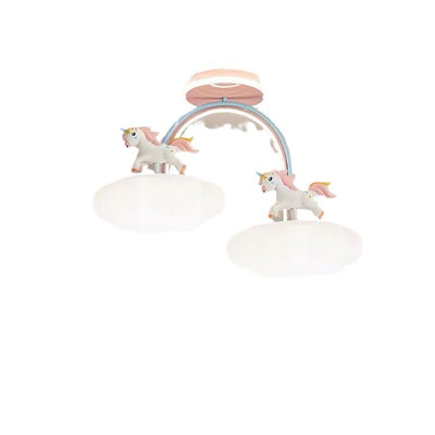 Contemporary Creative Unicorn Cloud Resin Acrylic Iron LED Semi-Flush Mount Ceiling Light For Bedroom