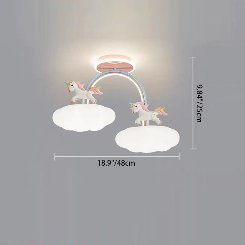 Contemporary Creative Unicorn Cloud Resin Acrylic Iron LED Semi-Flush Mount Ceiling Light For Bedroom