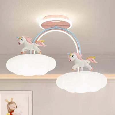 Contemporary Creative Unicorn Cloud Resin Acrylic Iron LED Semi-Flush Mount Ceiling Light For Bedroom