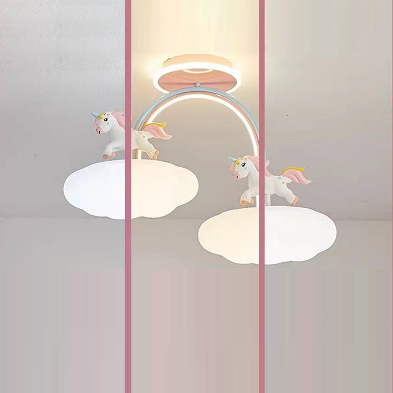Contemporary Creative Unicorn Cloud Resin Acrylic Iron LED Semi-Flush Mount Ceiling Light For Bedroom
