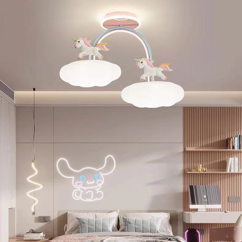Contemporary Creative Unicorn Cloud Resin Acrylic Iron LED Semi-Flush Mount Ceiling Light For Bedroom