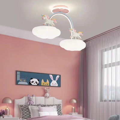 Contemporary Creative Unicorn Cloud Resin Acrylic Iron LED Semi-Flush Mount Ceiling Light For Bedroom