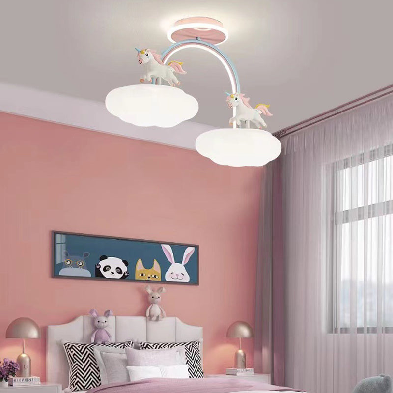 Contemporary Creative Unicorn Cloud Resin Acrylic Iron LED Semi-Flush Mount Ceiling Light For Bedroom
