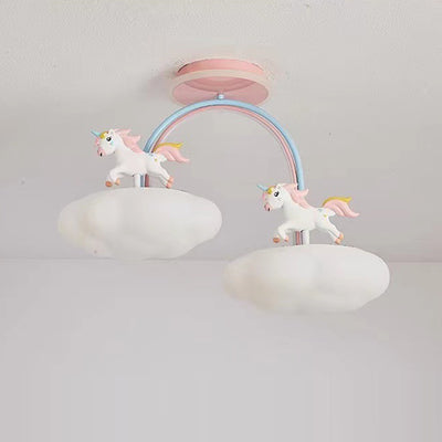 Contemporary Creative Unicorn Cloud Resin Acrylic Iron LED Semi-Flush Mount Ceiling Light For Bedroom