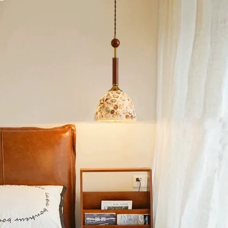 Contemporary Creative Cylinder Glass Wooden Shell Iron 1-Light Pendant Light For Bedroom