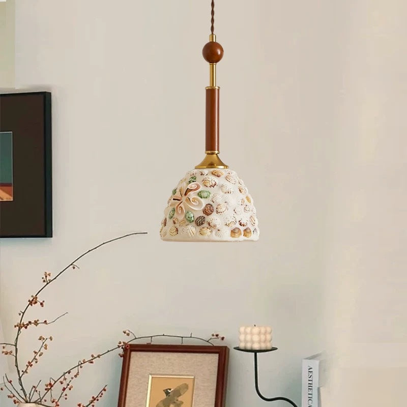 Contemporary Creative Cylinder Glass Wooden Shell Iron 1-Light Pendant Light For Bedroom