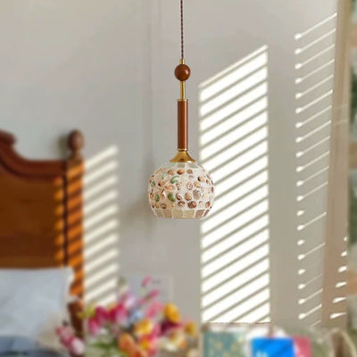 Contemporary Creative Cylinder Glass Wooden Shell Iron 1-Light Pendant Light For Bedroom