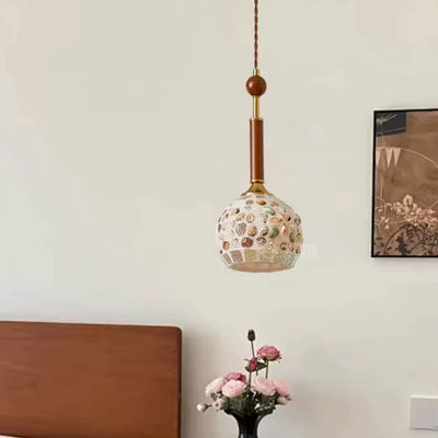 Contemporary Creative Cylinder Glass Wooden Shell Iron 1-Light Pendant Light For Bedroom