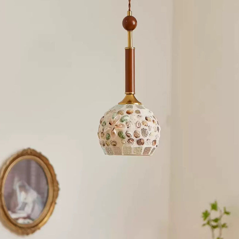 Contemporary Creative Cylinder Glass Wooden Shell Iron 1-Light Pendant Light For Bedroom