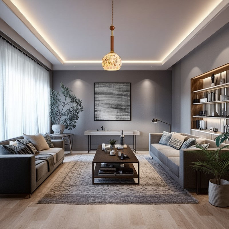 Contemporary Creative Cylinder Glass Wooden Shell Iron 1-Light Pendant Light For Bedroom