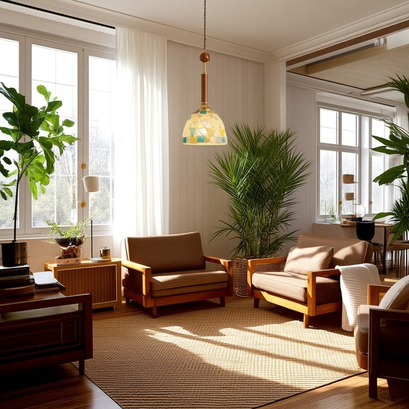 Contemporary Creative Cylinder Glass Wooden Shell Iron 1-Light Pendant Light For Bedroom