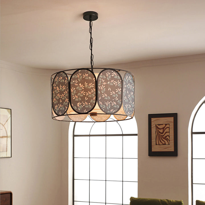 Traditional French Elliptical Column Fabric Iron 5-Light Chandelier For Living Room