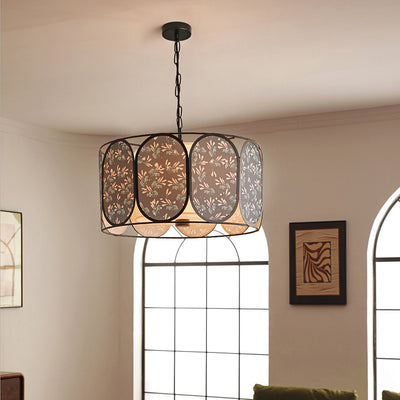Traditional French Elliptical Column Fabric Iron 5-Light Chandelier For Living Room