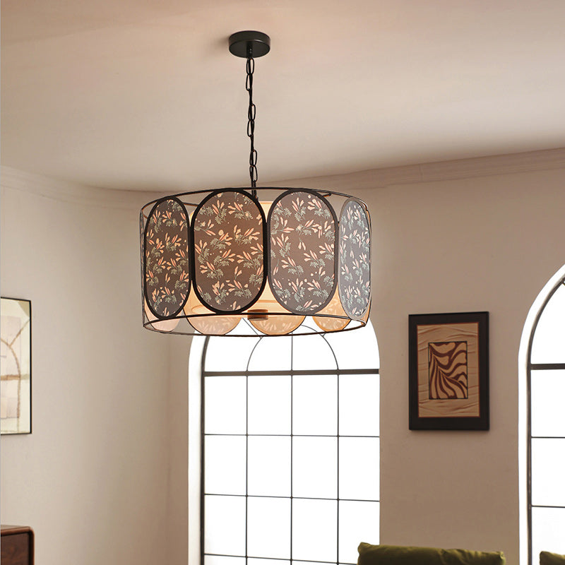 Traditional French Elliptical Column Fabric Iron 5-Light Chandelier For Living Room