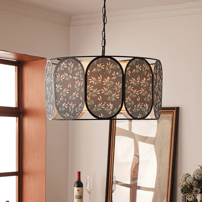 Traditional French Elliptical Column Fabric Iron 5-Light Chandelier For Living Room