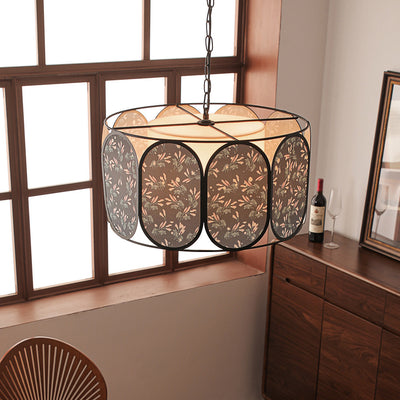 Traditional French Elliptical Column Fabric Iron 5-Light Chandelier For Living Room