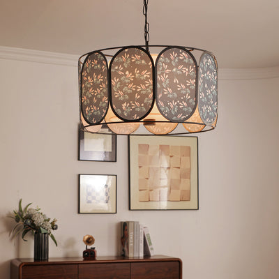 Traditional French Elliptical Column Fabric Iron 5-Light Chandelier For Living Room