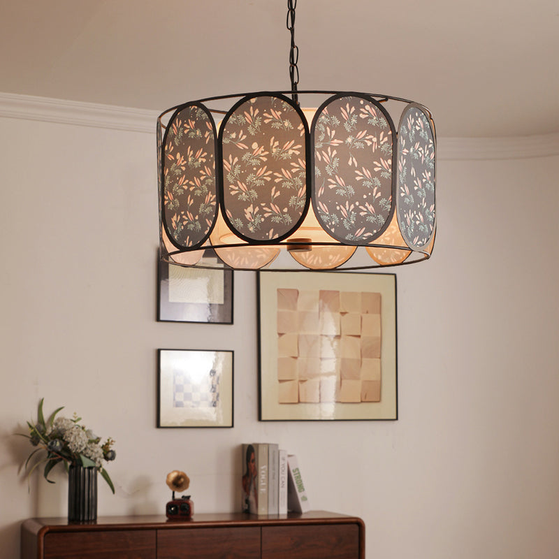 Traditional French Elliptical Column Fabric Iron 5-Light Chandelier For Living Room